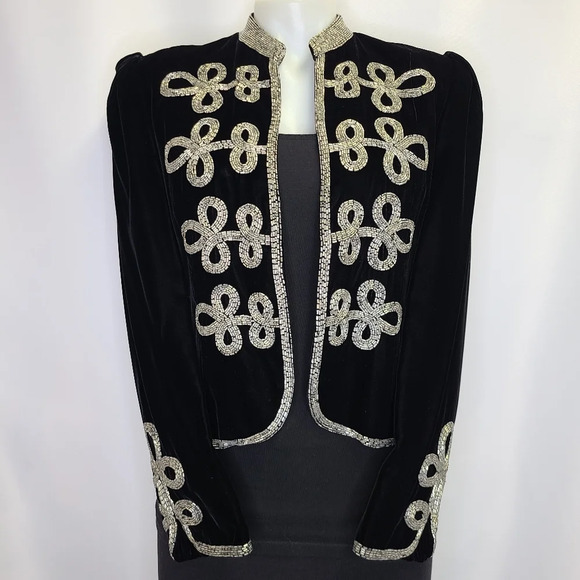 Oscar de la Renta Lillie Rubin Vintage Black Velvet Silver Beaded Jacket Medium - Picture 1 of 16